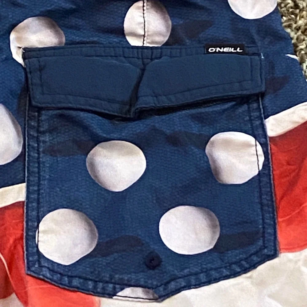 O'Neill Board‎ Shorts Mens Red White Blue 31 Solo Cup Flag Print Swim Trunks